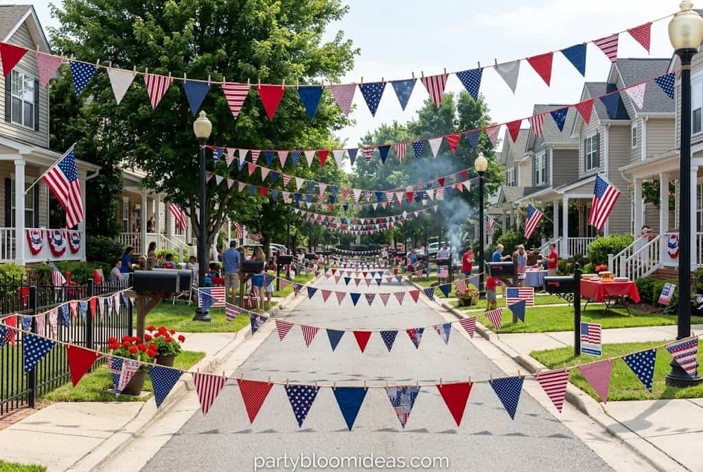 Handmade fabric bunting flags hanging across fences and houses along a decorated street