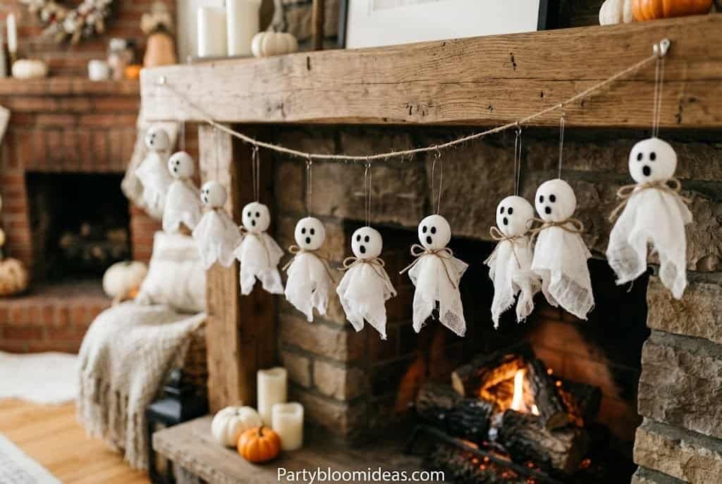 Hanging tissue paper ghosts suspended at different heights creating a floating haunted effect in a Halloween party room.