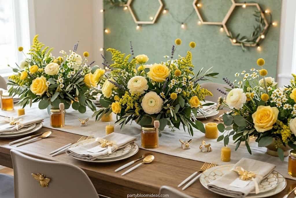 Elegant yellow and white floral centerpiece for party decor and celebrations.
