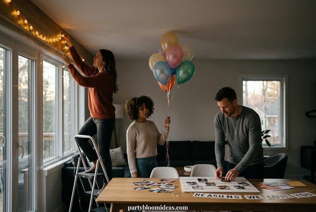 Family decorating for a surprise party with balloons and lights indoors.