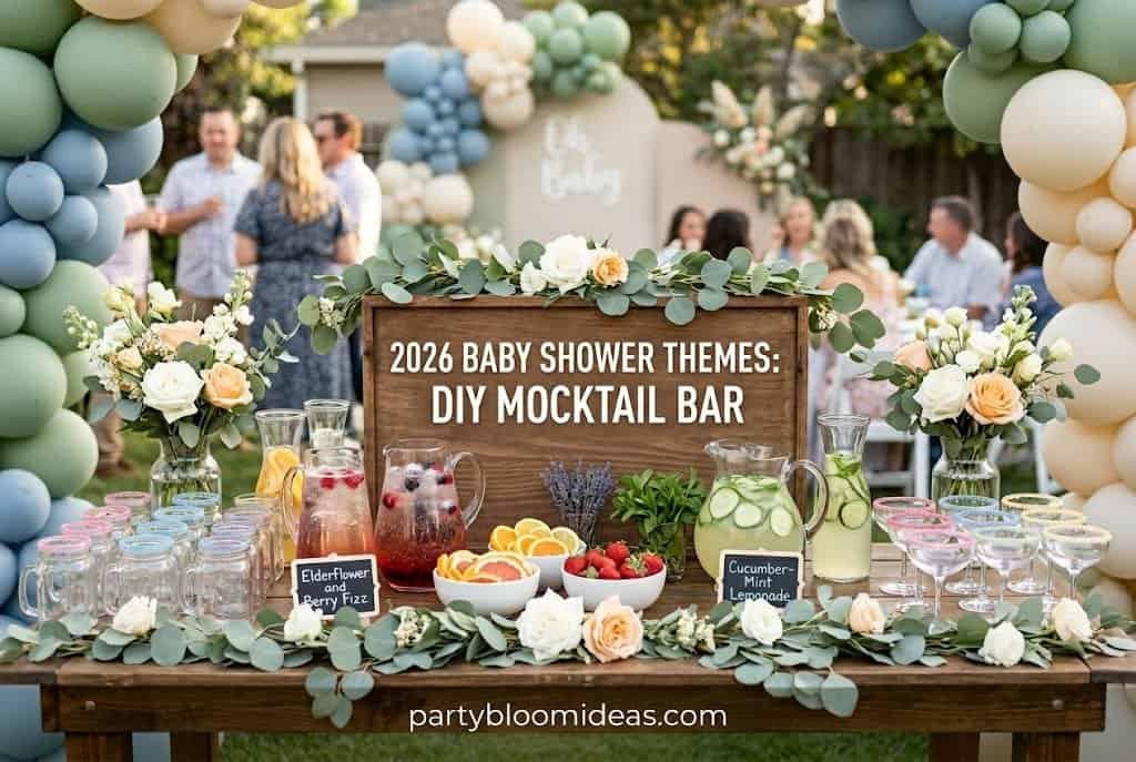 Baby shower table setup with fruit drinks, flowers, and themed signage for a DIY mocktail bar.