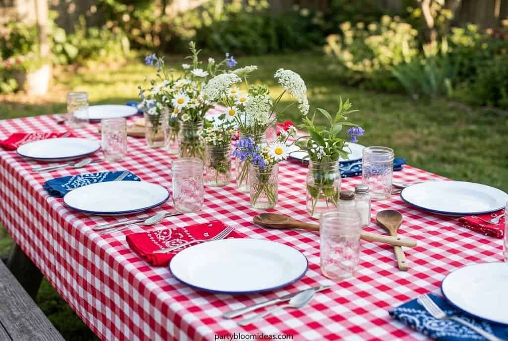 Outdoor table with floral centerpieces and place settings on a red checkered cloth