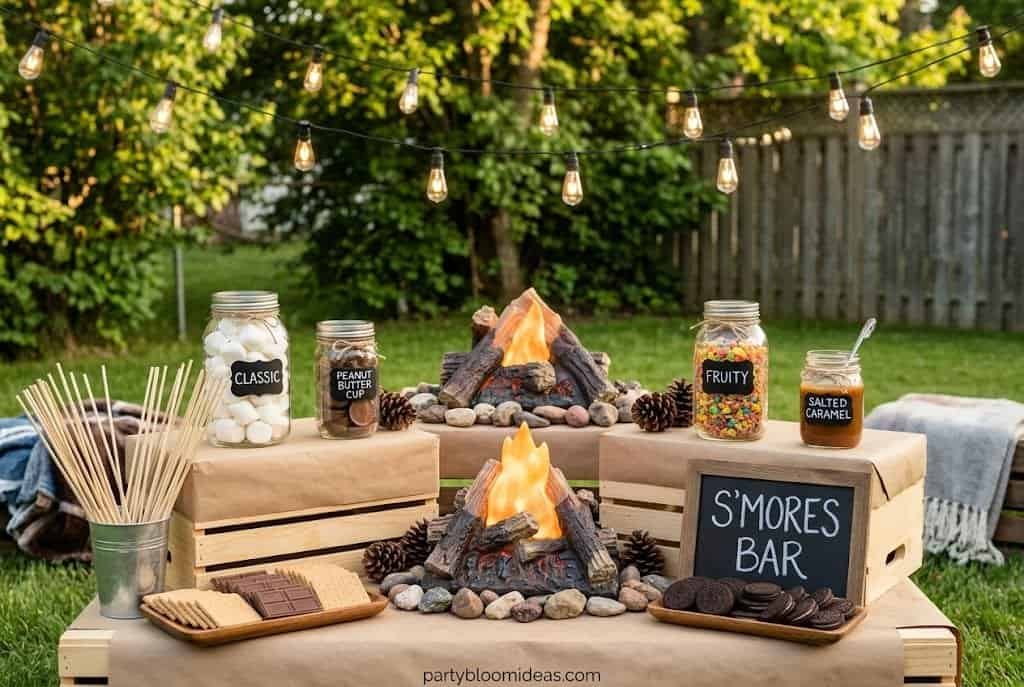 DIY camping birthday s'mores bar with mason jars, marshmallows, chocolate, and wooden crates