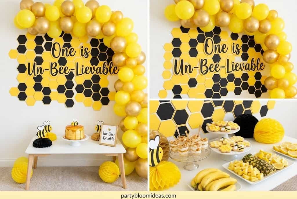 Bee-themed first birthday party with yellow balloon garland, honeycomb decorations, and honey-inspired smash cake