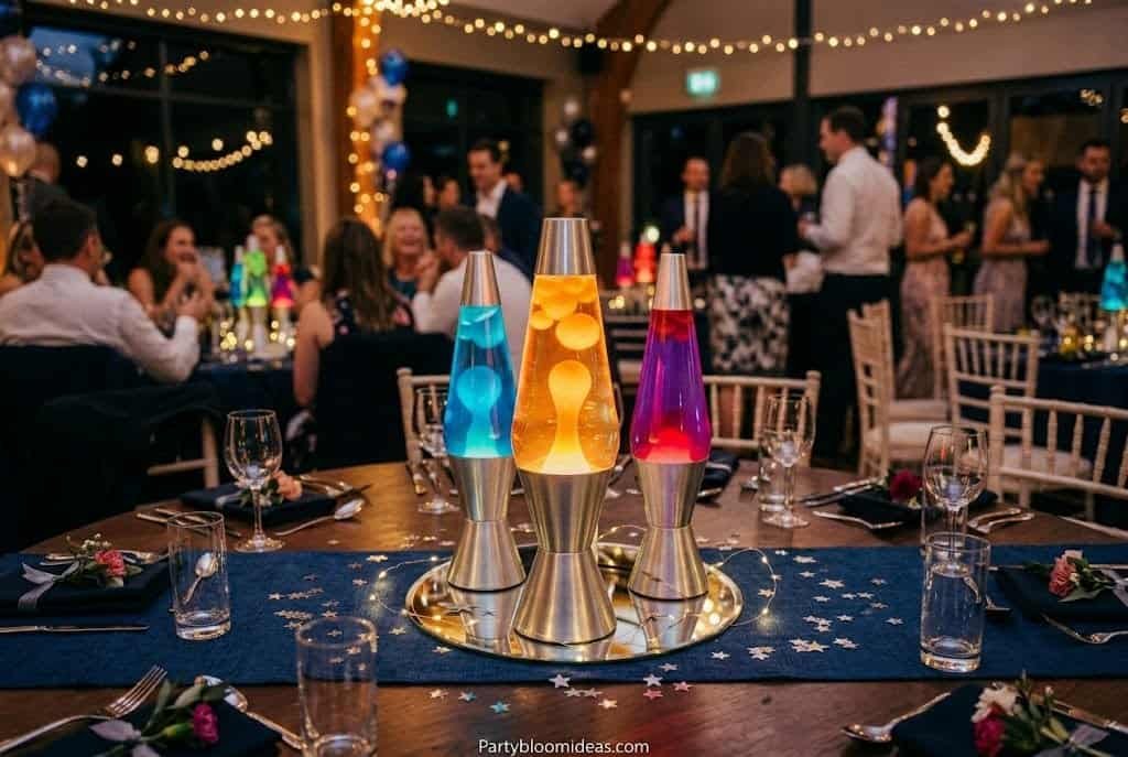 Retro lava lamp centerpiece glowing on a disco party table with metallic decor accents.