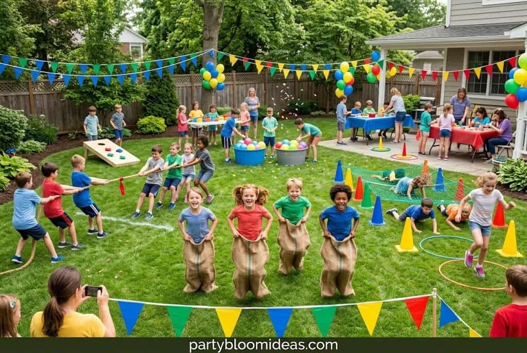 Children playing outdoor relay races, sack races, and water balloon games in a backyard field day party.