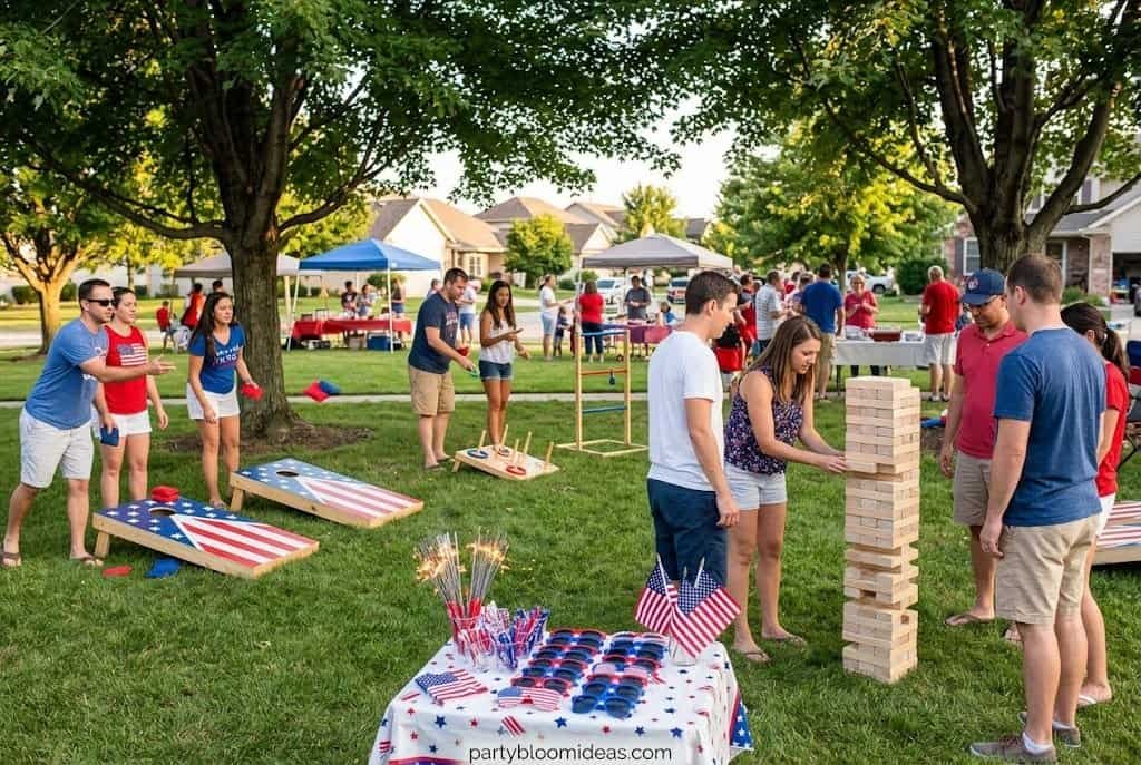 Adults and kids playing cornhole, Jenga, and outdoor lawn games in a sunny neighborhood street