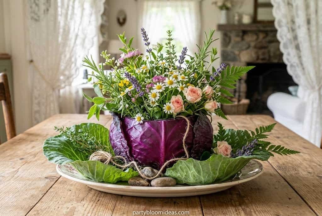 Cottagecore fall centerpiece featuring ornamental cabbage, dried botanicals, taper candles, and linen decor.