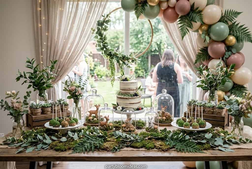 Beautiful garden-themed dessert table with cake, greenery, and floral decorations for celebrations.
