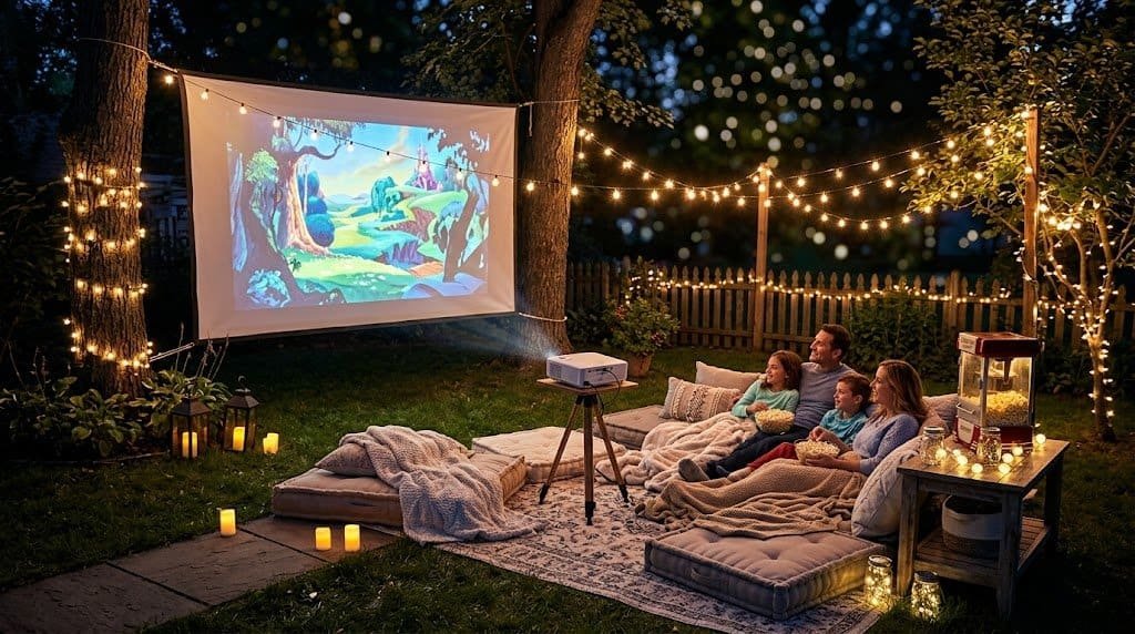 Outdoor movie night setup with projector screen, string lights, and cozy seating in a backyard cinema