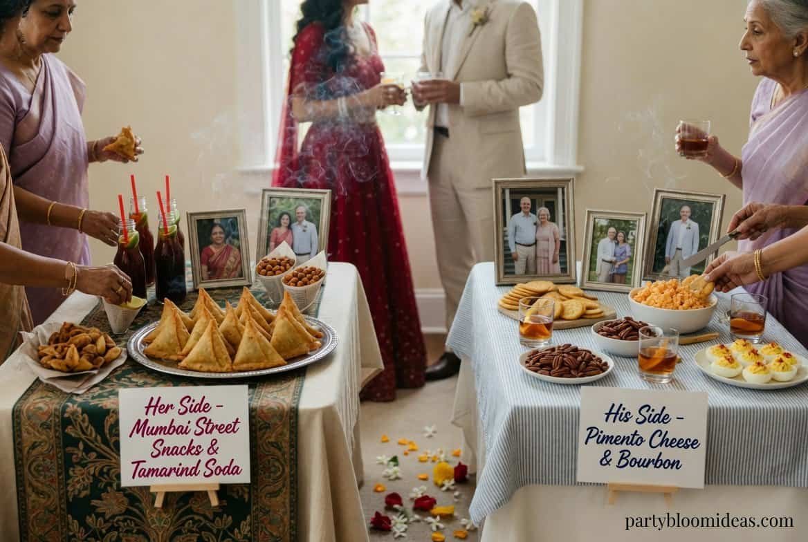 Engagement party split table setup showing two cultural food and drink stations for both families