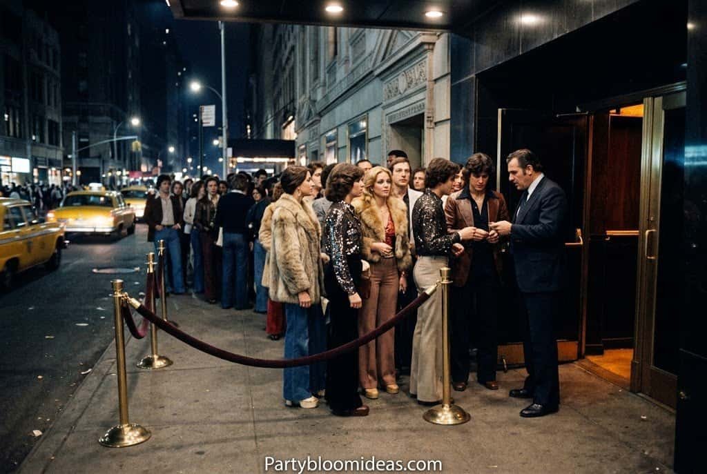 Studio 54-inspired disco party entrance with velvet ropes, balloon arch, and gold accents.