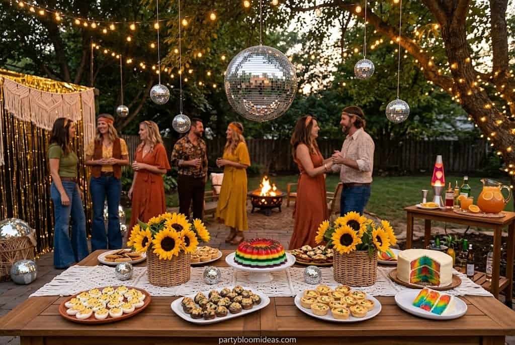 Cozy 1970s boho disco party with disco balls, macramé runner, sunflowers, string lights, and retro earthy-toned decor.
