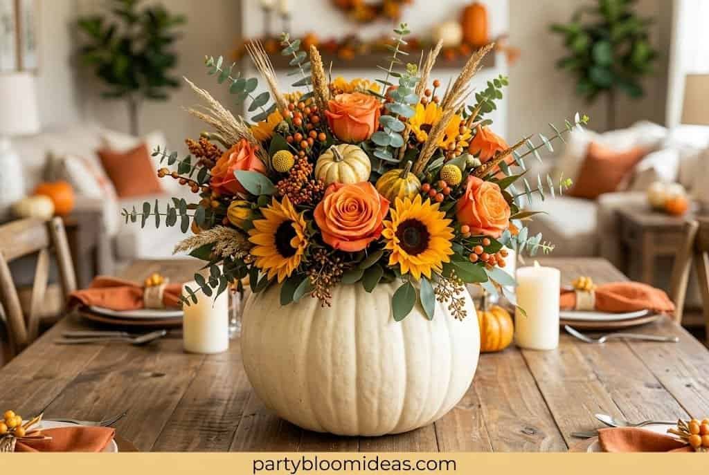 DIY pumpkin flower vase centerpiece with white roses, eucalyptus, candles, and fall pumpkins