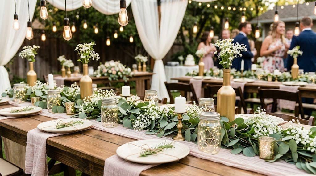 Beautiful outdoor wedding table setup with greenery, candles, and floral arrangements for a budget-f.