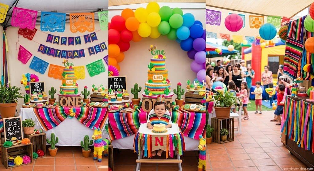 Colorful fiesta-themed first birthday party with papel picado banners, rainbow balloons, and taco table