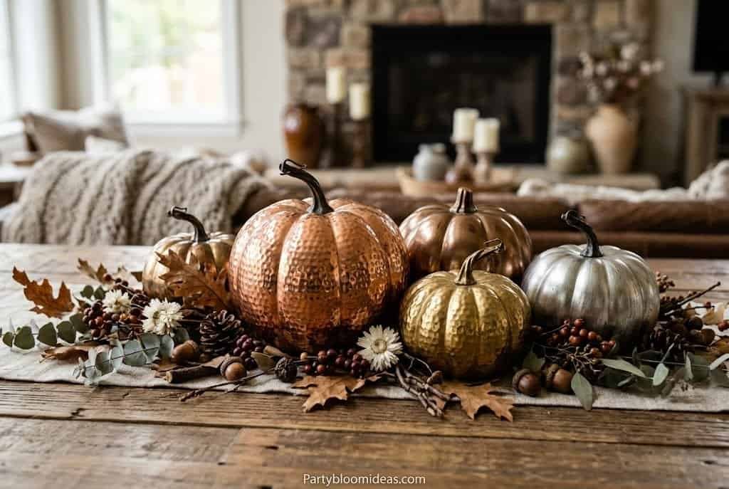 Metallic gold Halloween pumpkins with black ribbon and moss arranged on decorative charger plates for elegant **DIY Halloween Decorations**.