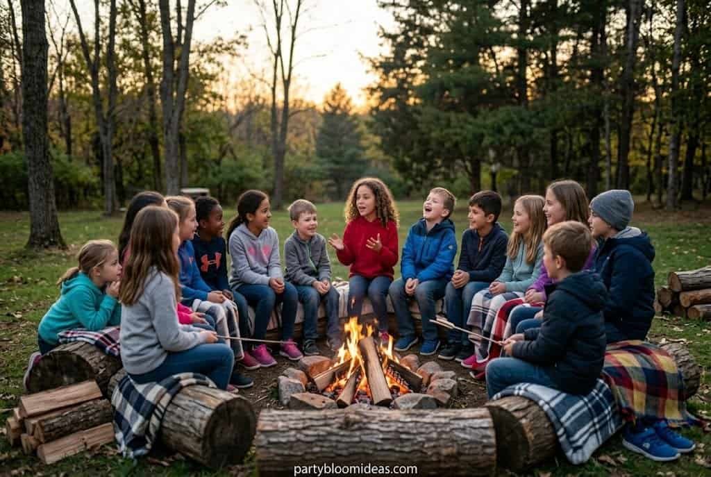 Kids sitting around a faux campfire telling stories during a backyard camping party