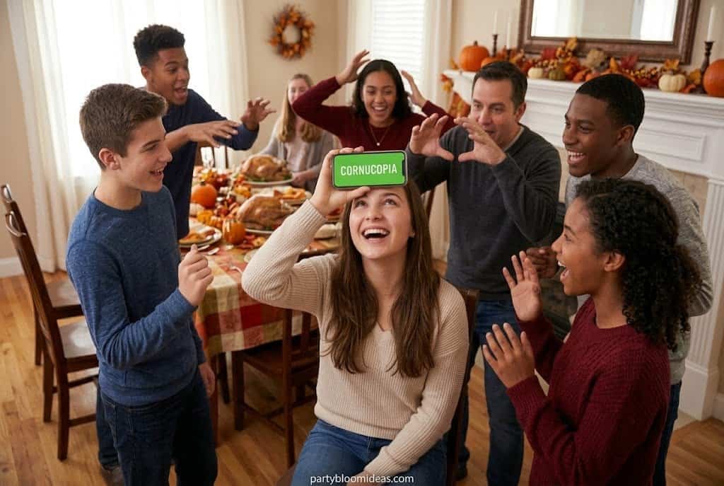Friends playing the Heads Up app at Thanksgiving while laughing and giving clues