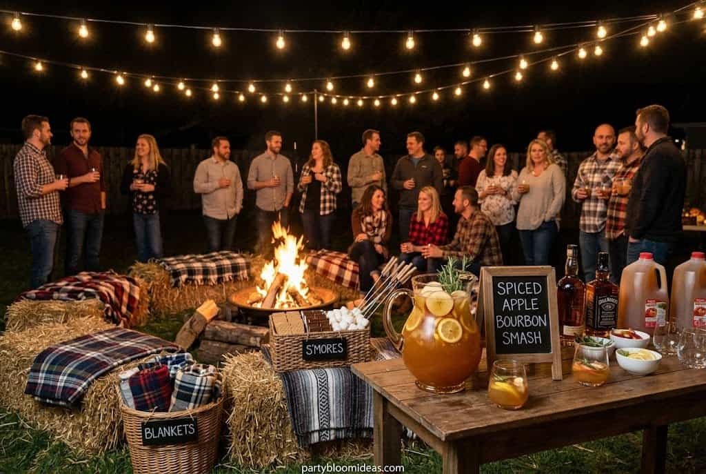 Outdoor bonfire birthday party with blankets, cocktails, and glowing string lights