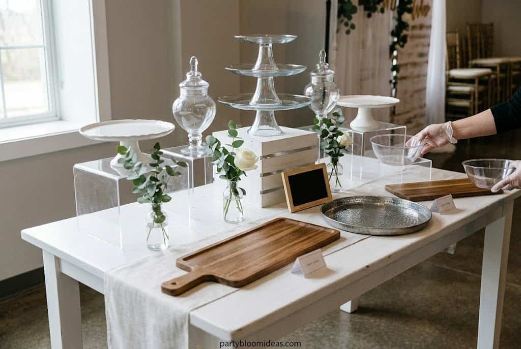 Dessert table arrangement with cupcakes, candy jars, flowers, and serving trays in place