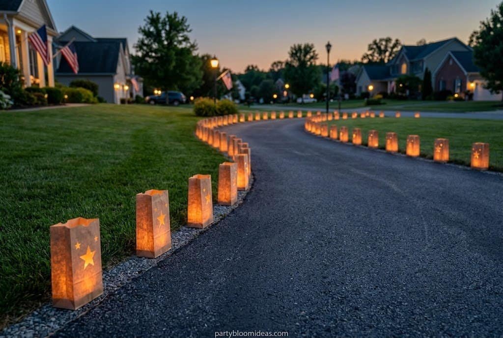 Luminaria bags lighting a pathway for an outdoor evening celebration