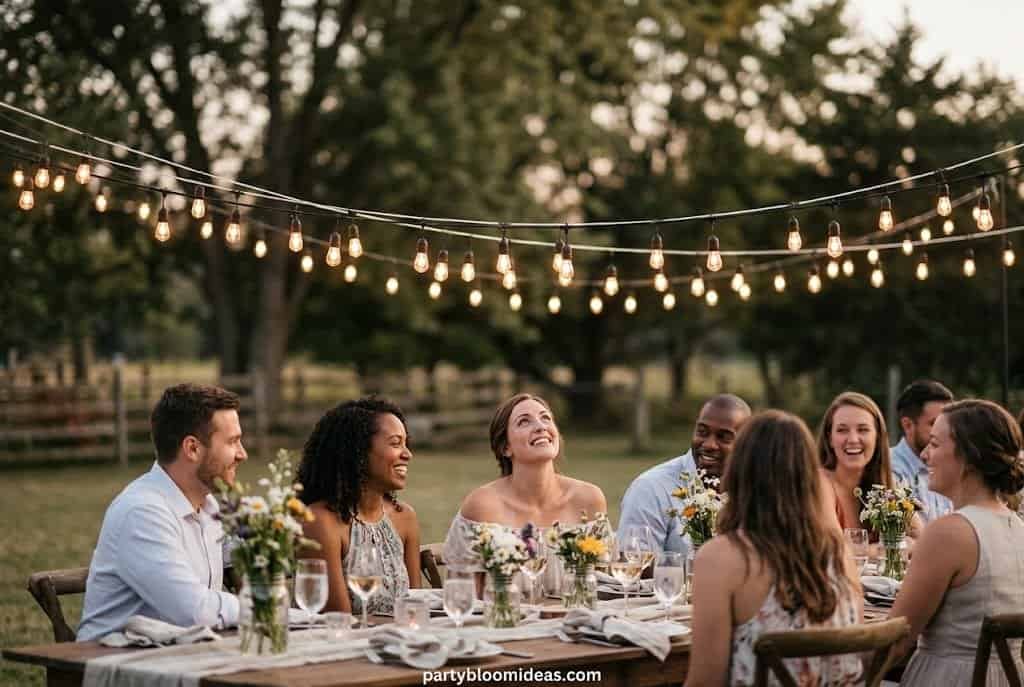 String lights illuminate a joyful wedding celebration outdoors with friends and family.