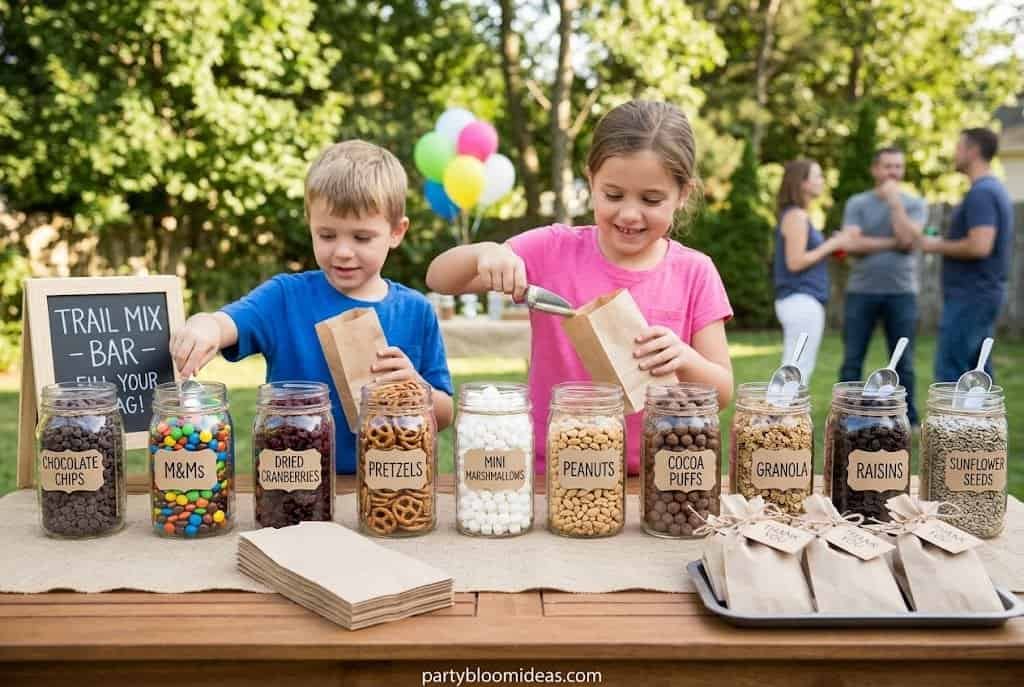 Camping party trail mix station with mason jars filled with candy, pretzels, nuts, and marshmallows