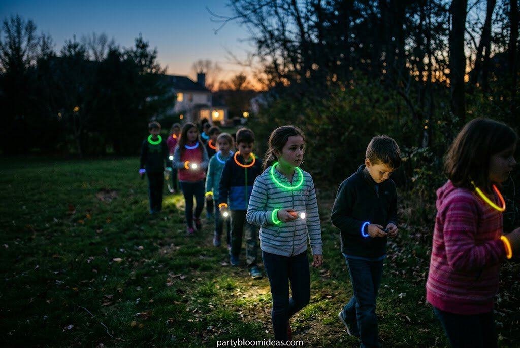 Kids wearing glow necklaces and carrying flashlights during a nighttime camping party walk
