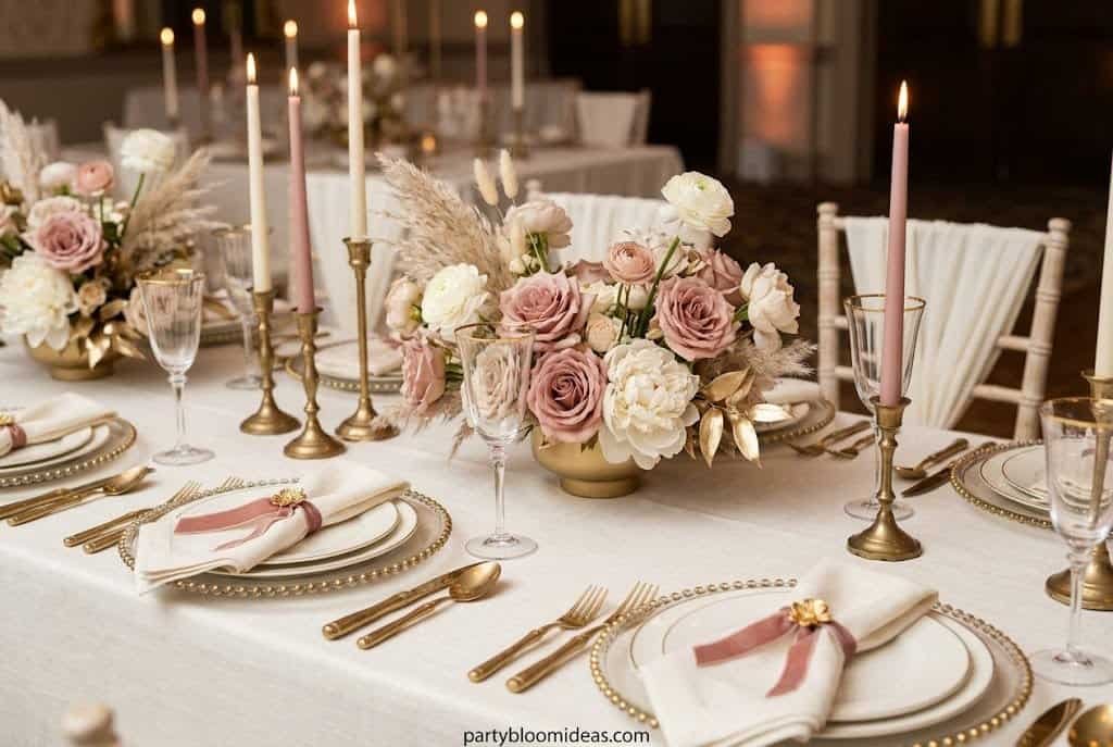 Romantic dusty rose and gold bridal shower party setup with ivory candles and floral decorations.
