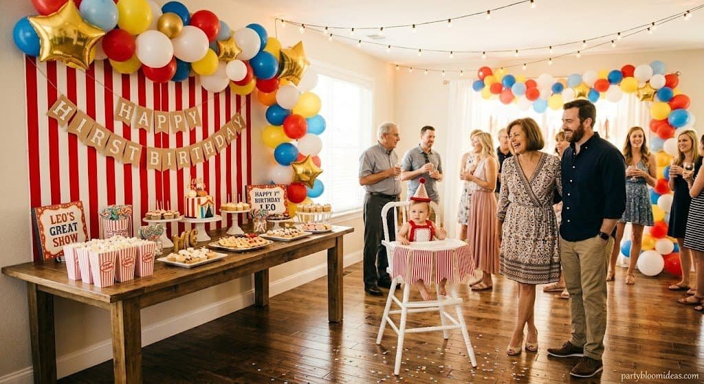 Festive birthday party scene with colorful balloons, striped backdrop, and guests enjoying the celeb.
