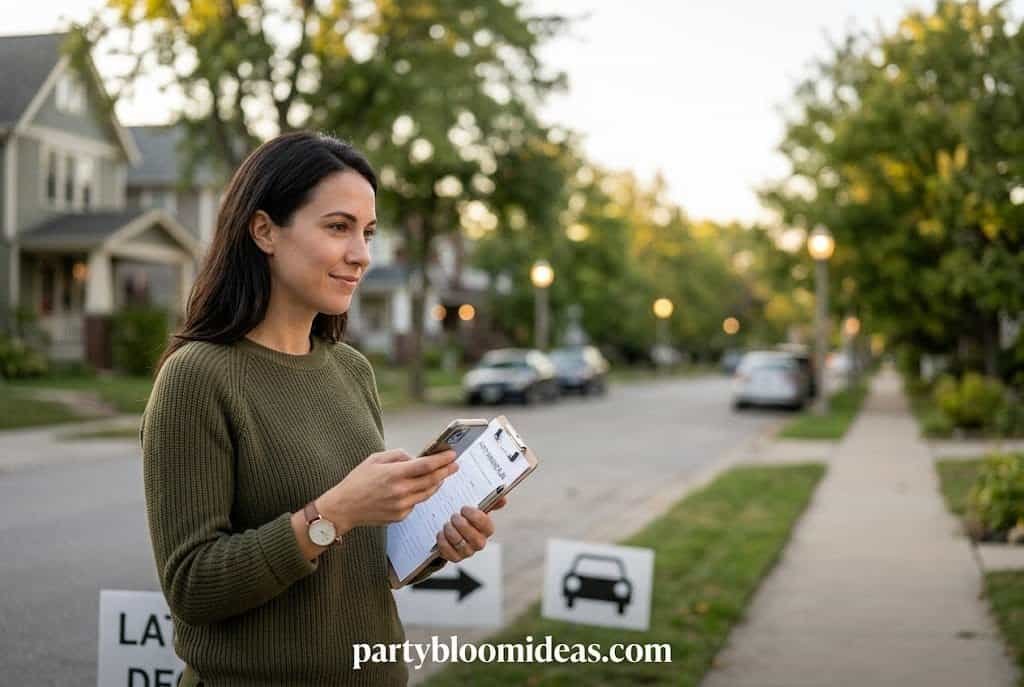 Woman planning surprise party outdoors with clipboard and neighborhood background.