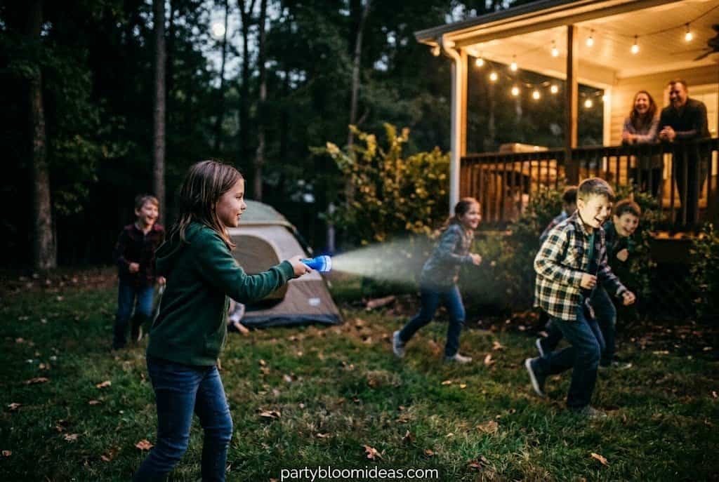 Children playing flashlight tag outside at night during a camping birthday party