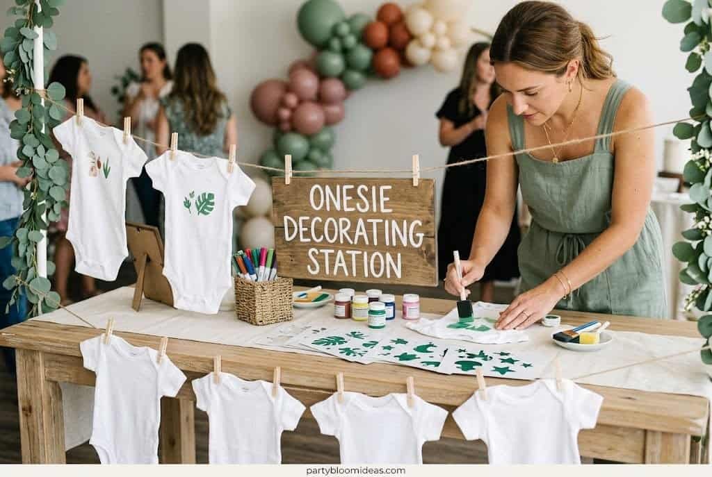 Kids' onesie decorating station at a party with craft supplies and balloons.