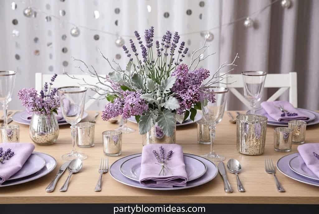 Lavender and lilac party decorations with silver balloons and dreamy pastel birthday setup. Color Palette Ideas for Every Party Theme