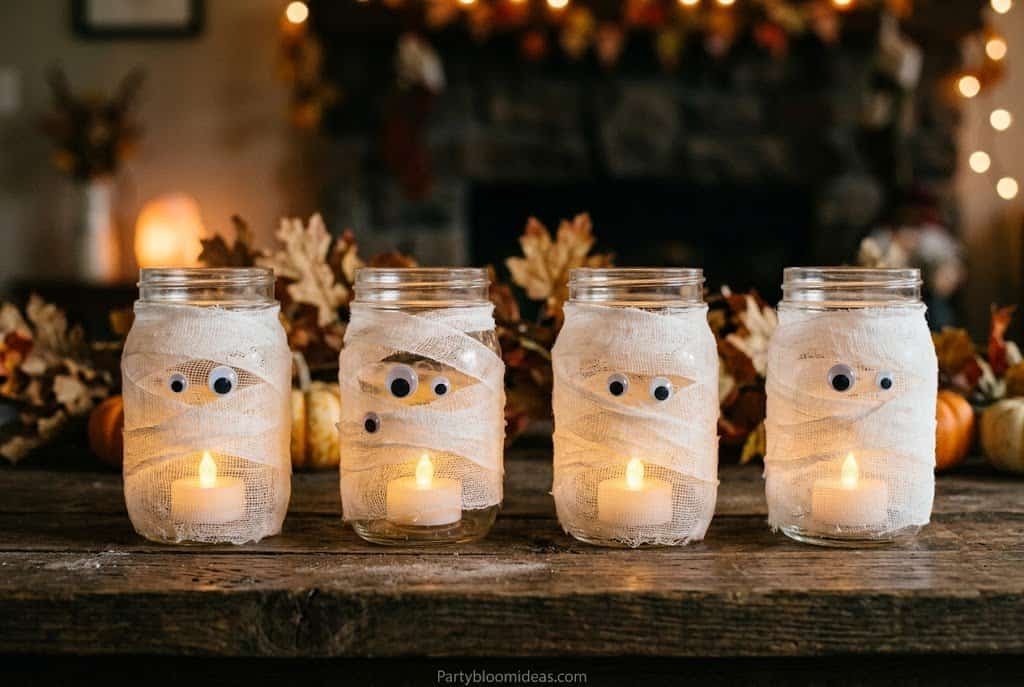 Glass jars wrapped in gauze with glowing tea lights and googly eyes creating cute mummy-style Halloween lanterns.