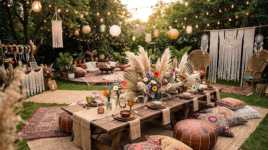 boho party theme inspiration featuring earthy decor, macrame accents, pampas grass, and a relaxed laid-back celebration setup