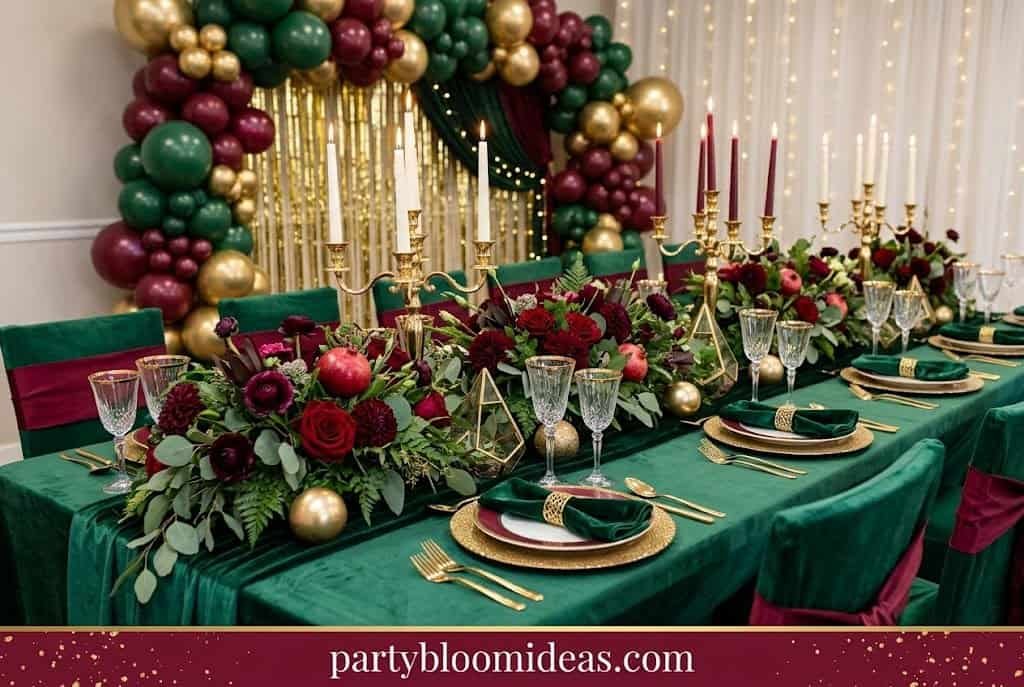 Festive table setup with lush floral arrangements, gold accents, and holiday-themed decorations for. Color Palette Ideas for Every Party Theme
