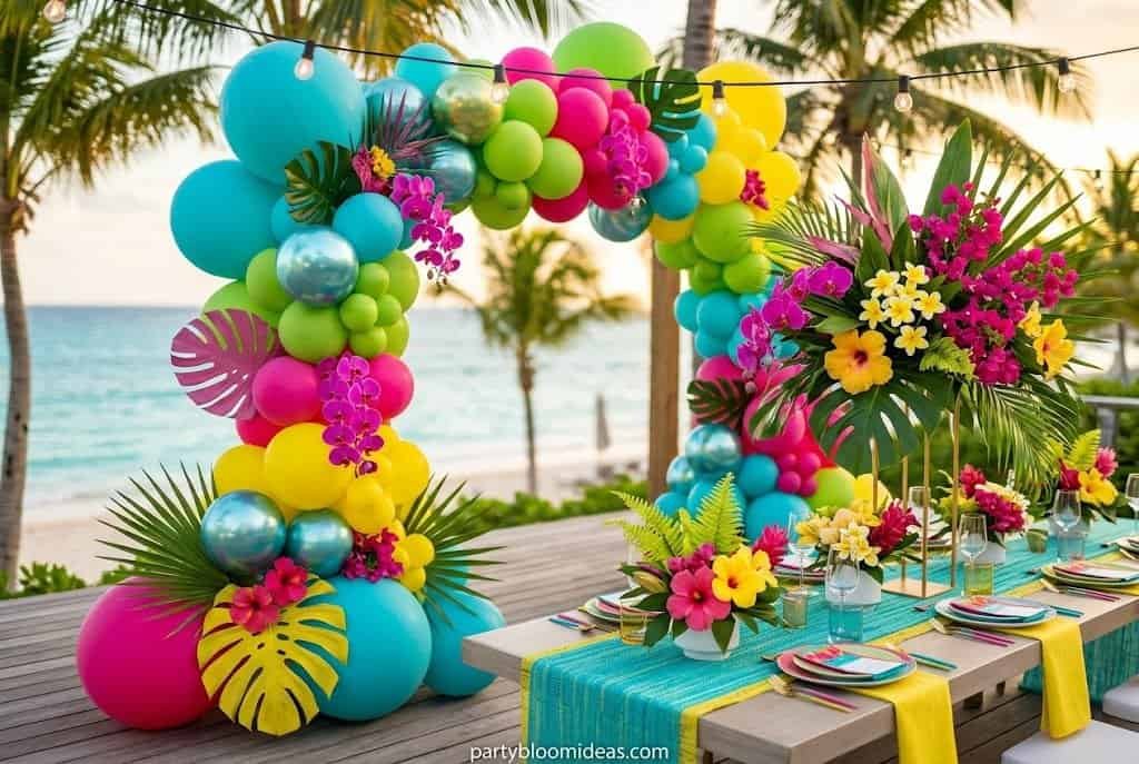 Colorful tropical balloon arch with flowers for beachside celebration.