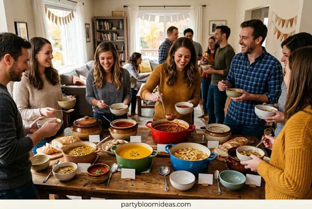 Cozy soup potluck dinner with mismatched bowls, homemade soups, crusty bread, and intimate autumn gathering.