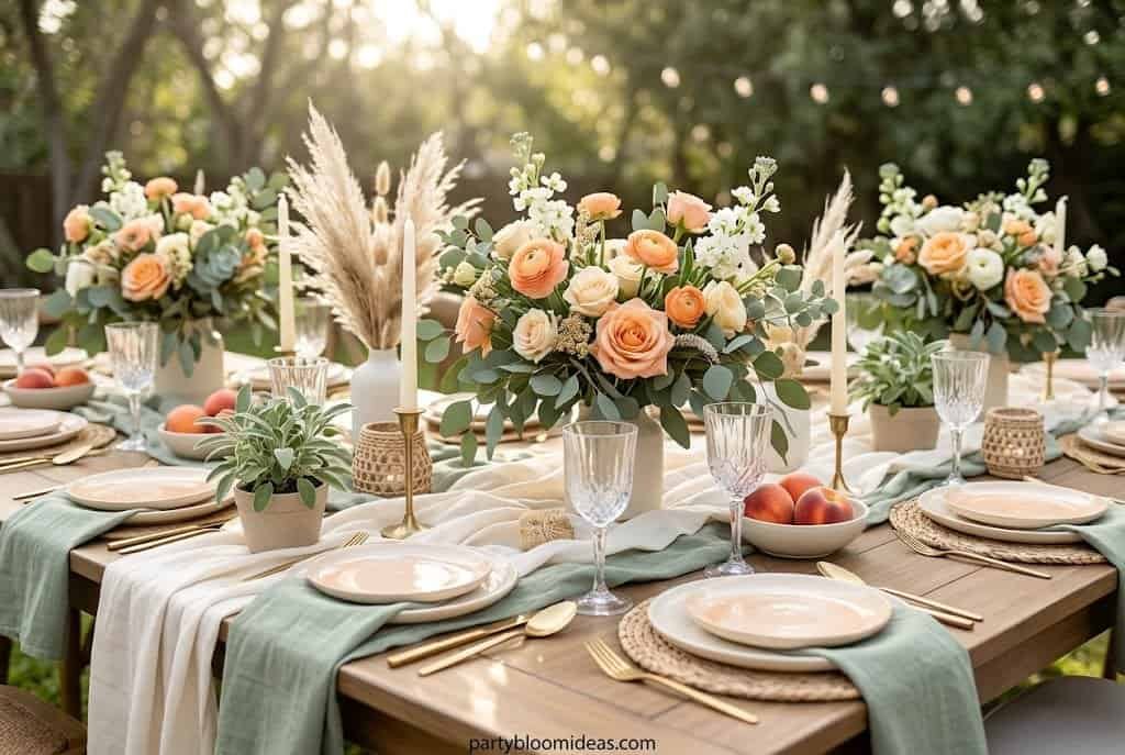 Outdoor garden party table with floral centerpieces and elegant tableware.