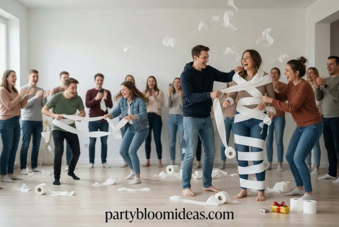 Teams wrapping friends in toilet paper during a funny Halloween mummy wrap race game with people cheering around them.