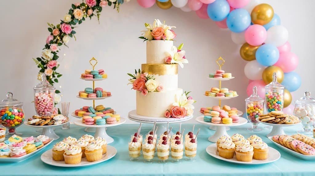 Elegant dessert table with cake, macarons, cupcakes, and colorful balloons for celebration.