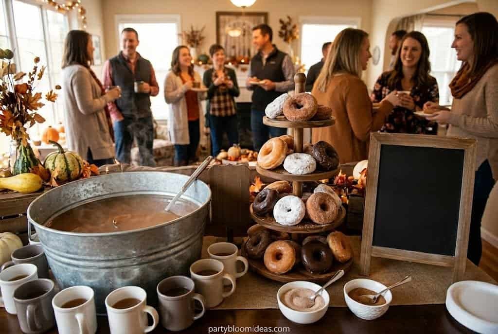 Hot cider and doughnut station with chalkboard signs at a fall birthday gathering