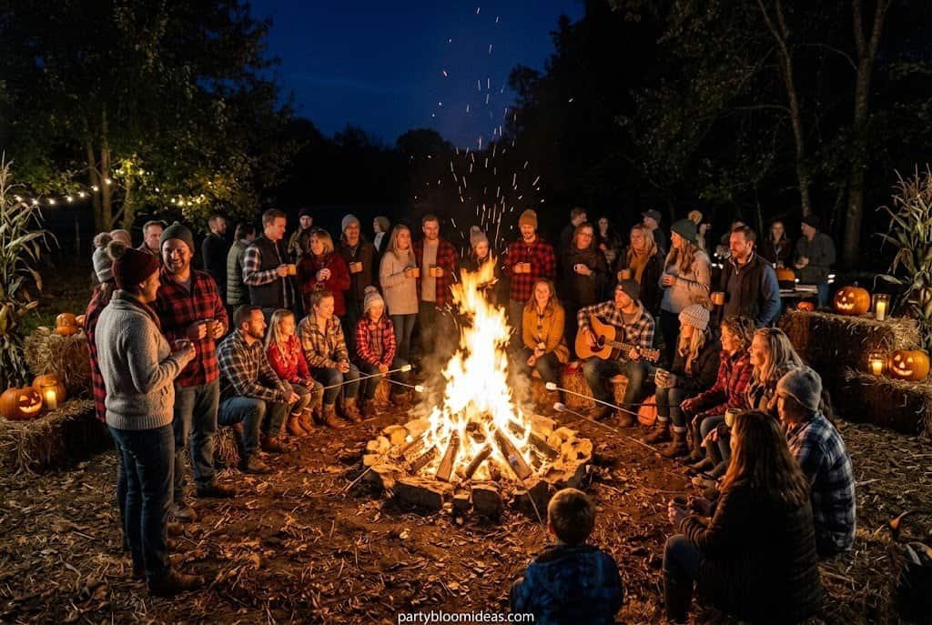 Backyard bonfire party with hay bale seating, plaid blankets, mason jar lanterns, and guests roasting marshmallows.