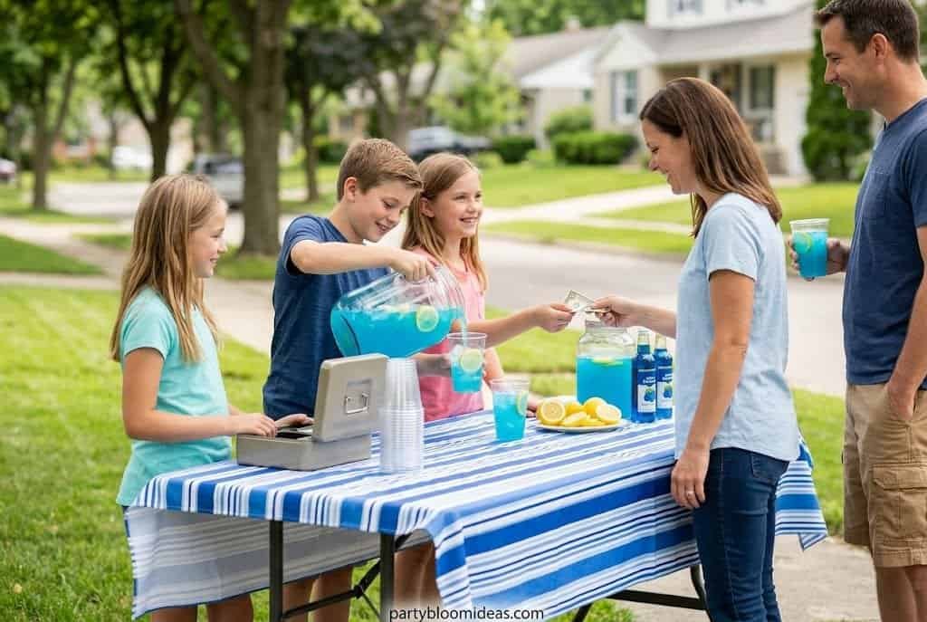 Children selling lemonade at a backyard lemonade stand with parents