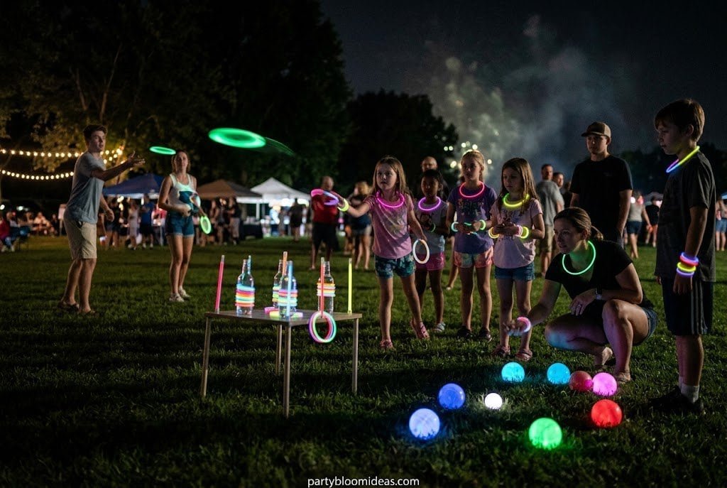 Kids playing a glow-in-the-dark ring toss game at an outdoor party at night