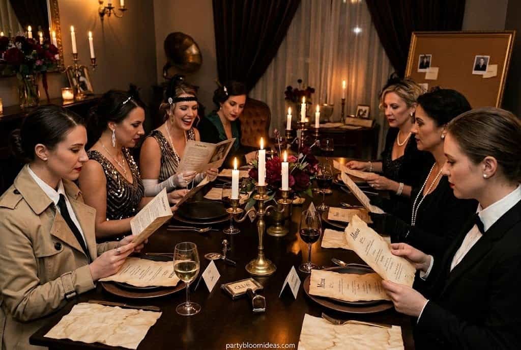 Women enjoying a formal murder mystery dinner party with candles and elegant decor