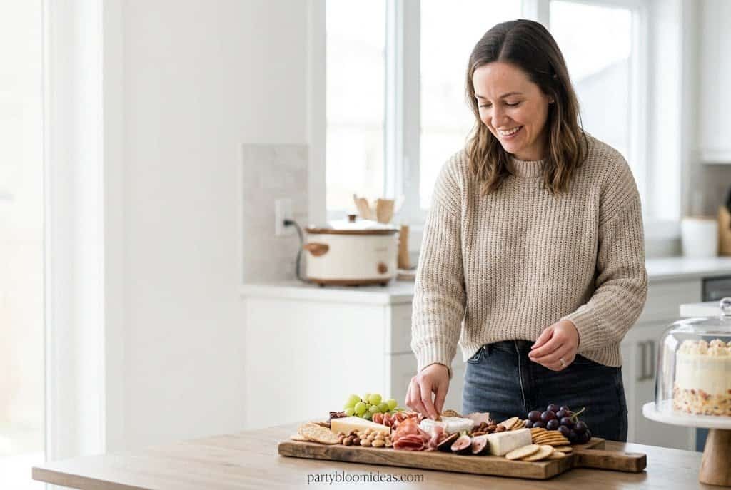 Woman preparing a surprise party with snacks and fruits in a bright kitchen.