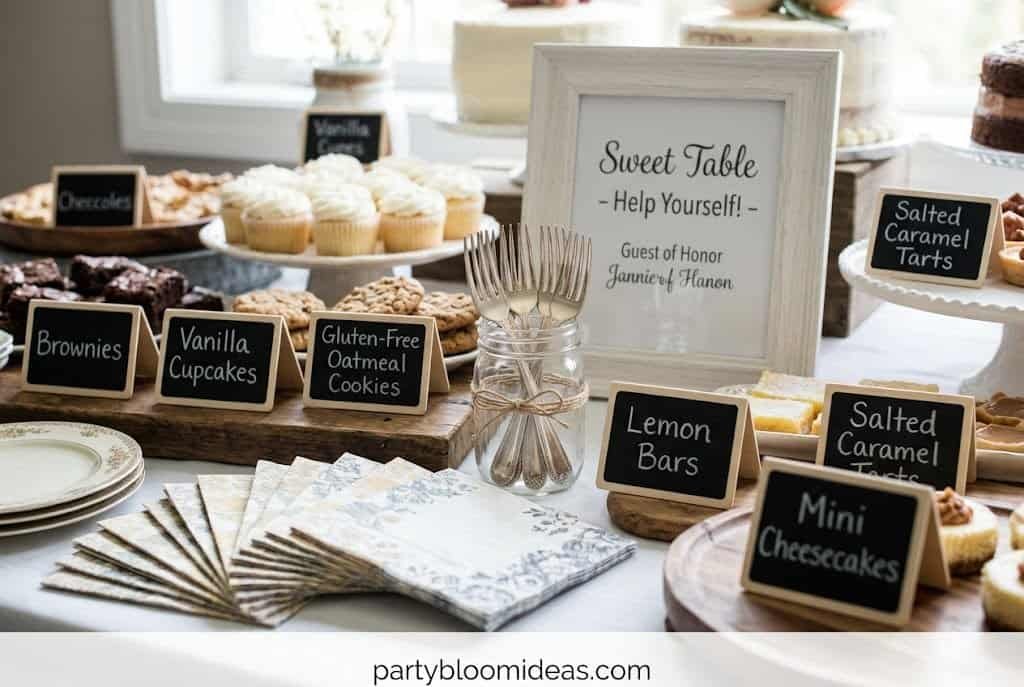 Dessert labels, ribbon-tied forks, and welcome signage on a styled sweet table